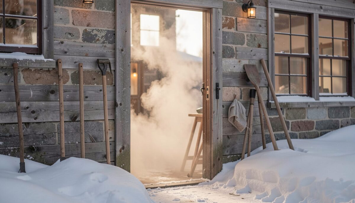 Steam pours from a winter brewery doorway where sake brewing begins.