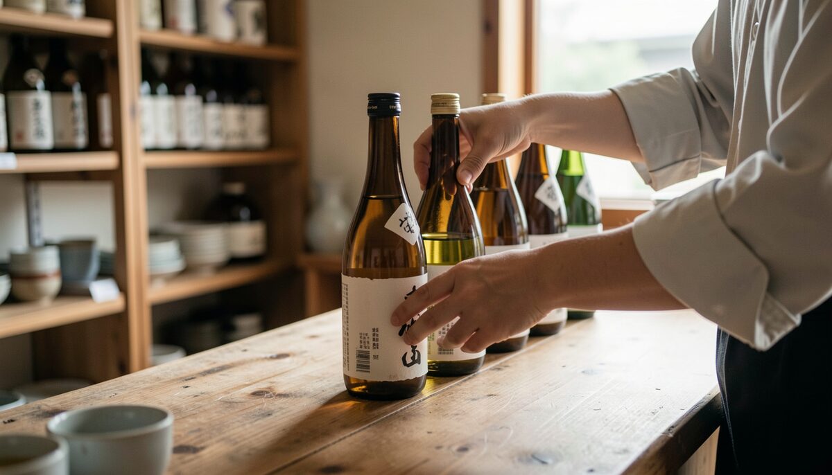 A shopkeeper arranges a few sake bottles that earn their place on the shelf.
