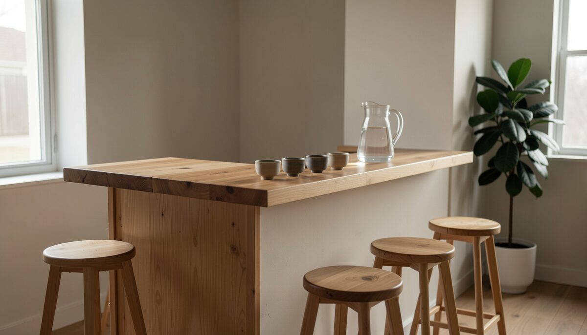 A row of small cups and a water pitcher waiting at the tasting counter.